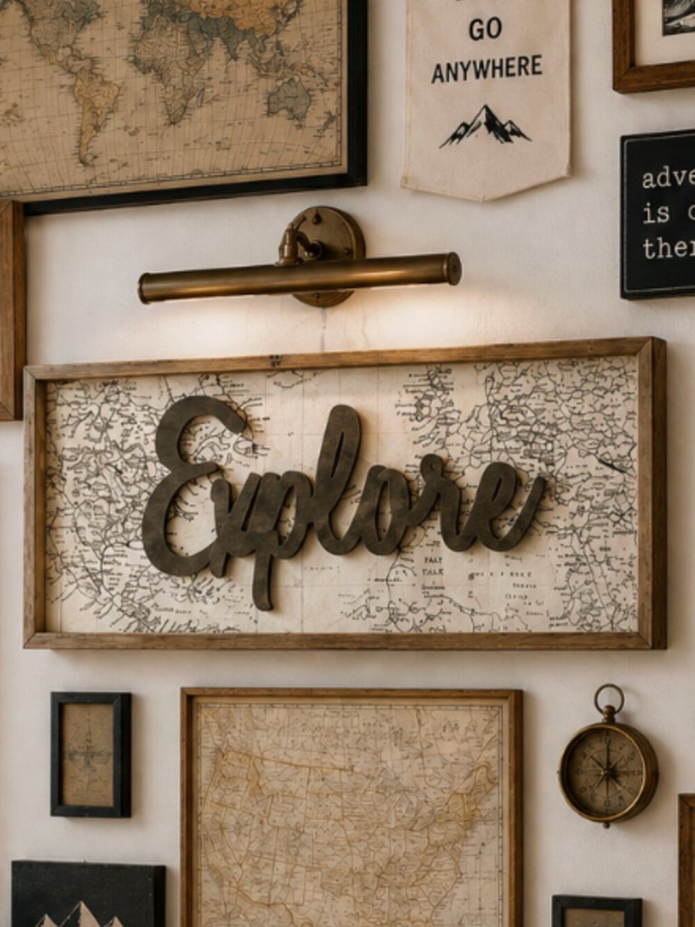 Vintage Framed "Explore" Artwork Wit Map Background Dark 3D Scripted Lettering - Picture 8 of 8